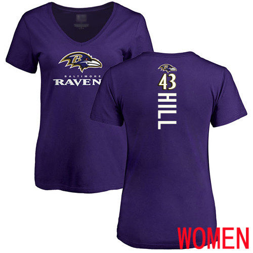 Baltimore Ravens Purple Women Justice Hill Backer NFL Football #43 T Shirt